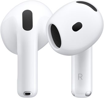 ด้านหลังของ AirPods ข้างซ้าย, ด้านหน้าของ AirPods ข้างขวา, ก้านหูฟัง AirPods มีตัวอักษร R แสดงให้เห็นว่าใช้ใส่กับหูข้างขวา