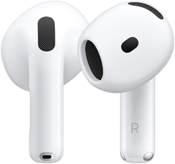 ด้านหลังของ AirPods ข้างซ้าย, ด้านหน้าของ AirPods ข้างขวา, ก้านหูฟัง AirPods มีตัวอักษร R แสดงให้เห็นว่าใช้ใส่กับหูข้างขวา