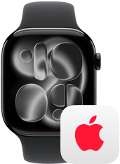 Apple Watch Series 11, ตัวเรือนอะลูมิเนียม สีดำเจ็ทแบล็ค, ภายนอกด้านขวา: Digital Crown, สายแบบ Sport Band สีดำ, โลโก้ AppleCare+