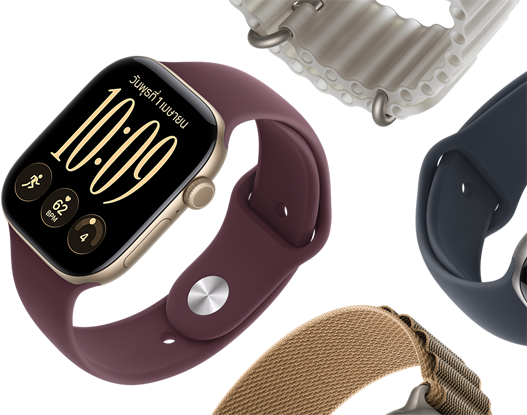 สายสำหรับ Apple Watch Series 11 ได้แก่ สายแบบ Sport Band สีม่วงควันหมอก, สายแบบ Ocean Band สีน้ำเงินแองเคอร์บลู, สายแบบ Alpine Loop สีฟ้าอ่อน