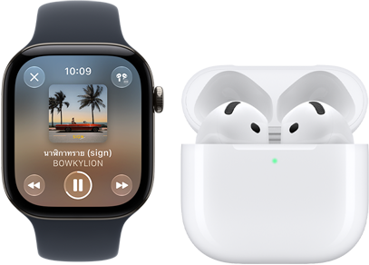 Apple Watch Series 12, ตัวเรือนอะลูมิเนียม, สีดำ, สายแบบ Sport Band สีดำ, แอป Apple Music เปิดอยู่, จับคู่กับ AirPods 4