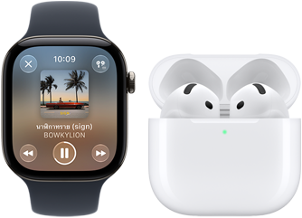 Apple Watch Series 12, ตัวเรือนอะลูมิเนียม, สีดำ, สายแบบ Sport Band สีดำ, แอป Apple Music เปิดอยู่, จับคู่กับ AirPods 4