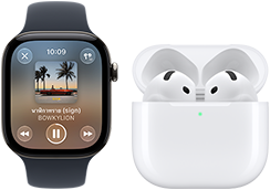 Apple Watch Series 12, ตัวเรือนอะลูมิเนียม, สีดำ, สายแบบ Sport Band สีดำ, แอป Apple Music เปิดอยู่, จับคู่กับ AirPods 4