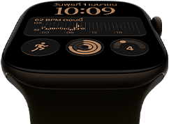 Apple Watch Series 12, ตัวเรือนอะลูมิเนียม, สีบรอนซ์เข้ม, หน้าปัดนาฬิกาโมดูลาร์, กลไกหน้าปัด ได้แก่ วันและวันที่, การออกกำลังกาย, วงแหวนกิจกรรม, Apple Music, ภายนอกด้านขวา, Digital Crown, สายแบบ Sport Band, สีเขียวมะกอก