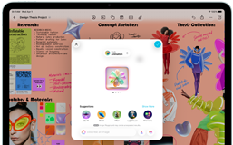 iPad Air, ภายนอกด้านหน้า, วางในแนวนอน, ปุ่มเพิ่มระดับเสียง, ปุ่มลดระดับเสียง, ปุ่มเปิดปิด, หน้าจอแสดงอินเทอร์เฟซแอปสีสันสดใสพร้อมไอคอนต่างๆ