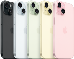 มุมมองด้านหลังของ iPhone 15 แสดงระบบกล้องสุดล้ำและกระจกแต่งสีในทุกสี ได้แก่ สีดำ สีฟ้า สีเขียว สีเหลือง และสีชมพู
