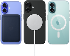 iPhone 16 จำนวน 3 เครื่อง, ตัวเครื่องภายนอกด้านหลัง, พร้อมอุปกรณ์เสริม MagSafe ที่ติดเข้ากับเครื่อง ได้แก่ เคสผ้า FineWoven แบบกระเป๋าสตางค์สำหรับ iPhone, ที่ชาร์จ MagSafe พร้อมเคสซิลิโคน และเคสใสพร้อม MagSafe สำหรับ iPhone