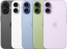 iPhone 17, ภายนอกด้านหลัง, ระบบกล้อง Fusion คู่, ทั้ง 5 สีอยู่ซ้อนกัน: ดำ ขาว เขียวเสจ ฟ้าหมอก และลาเวนเดอร์
