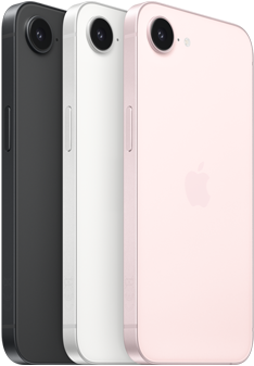 iPhone 17e, ภายนอกด้านข้างและด้านหลัง, สีดำ, ภายนอกด้านข้างและด้านหลัง, สีขาว, ภายนอกด้านข้างและด้านหลัง, สีชมพูอ่อน, กล้อง Fusion ที่ด้านบน, ปุ่มด้านข้าง