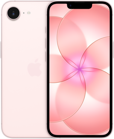 วางคู่กัน, iPhone 17e, ภายนอกด้านหลัง, สีชมพูอ่อน, ระบบกล้อง Fusion ที่ด้านซ้ายบน, iPhone 17e, ภายนอกด้านหน้า, ดีไซน์แบบหน้าจอทั้งหมด