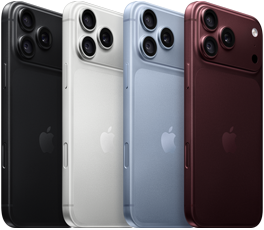 อุปกรณ์ iPhone 18 Pro ที่เรียงเป็นแถว, ภายนอกด้านหลัง, ทั้งสี่สี ได้แก่ สีเบอร์กันดี, สีธารน้ำแข็ง, สีเงิน, สีดำ, ระบบกล้อง Pro Fusion ที่มุมบนซ้าย, เลนส์ 3 ตัว, ไมโครโฟน, แฟลช