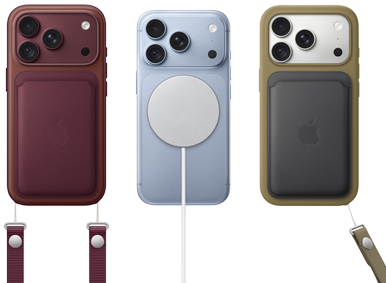 iPhone 18 Pro, ภายนอกด้านหลัง, สีเบอร์กันดี, เคสผ้า FineWoven แบบกระเป๋าสตางค์พร้อม MagSafe สีเบอร์กันดี; iPhone 18 Pro, ภายนอกด้านหลัง, สีธารน้ำแข็ง, พร้อมแบตเตอรี่ MagSafe; iPhone 18 Pro, ภายนอกด้านหลัง, สีเงิน, ใส่อยู่กับเคสซิลิโคนสีเขียวและที่ชาร์จ MagSafe