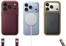 iPhone 18 Pro, ภายนอกด้านหลัง, สีเบอร์กันดี, เคสผ้า FineWoven แบบกระเป๋าสตางค์พร้อม MagSafe สีเบอร์กันดี; iPhone 18 Pro, ภายนอกด้านหลัง, สีธารน้ำแข็ง, พร้อมแบตเตอรี่ MagSafe; iPhone 18 Pro, ภายนอกด้านหลัง, สีเงิน, ใส่อยู่กับเคสซิลิโคนสีเขียวและที่ชาร์จ MagSafe