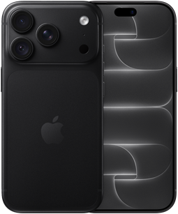 iPhone 18 Pro, ภายนอกด้านหลัง, สีดำ, ระบบกล้อง Pro Fusion ที่ด้านบน, โลโก้ Apple อยู่ตรงกลาง, ภายนอกด้านหน้า, ดีไซน์แบบหน้าจอทั้งหมด
