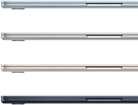 ภายนอกด้านข้างของแล็ปท็อป MacBook Air จำนวน 4 เครื่อง ซึ่งแสดงสีสันที่แตกต่างกัน 4 สี