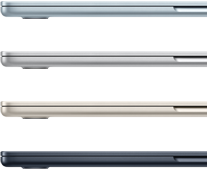 ภายนอกด้านข้างของแล็ปท็อป MacBook Air จำนวน 4 เครื่อง ซึ่งแสดงสีสันที่แตกต่างกัน 4 สี