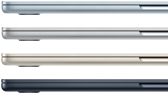 ภายนอกด้านข้างของแล็ปท็อป MacBook Air จำนวน 4 เครื่อง ซึ่งแสดงสีสันที่แตกต่างกัน 4 สี