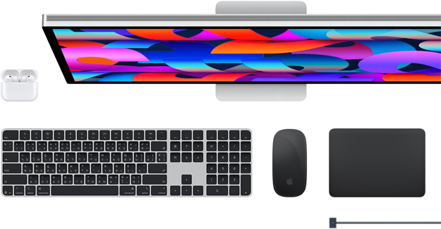 อุปกรณ์เสริมของ Mac ได้แก่ AirPods, Studio Display, Magic Keyboard, Magic Mouse, Magic Trackpad, สายชาร์จ MagSafe