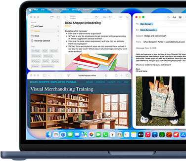 MacBook Neo, สีอินดิโก, หน้าจอแสดงการเขียนอีเมลต้อนรับพนักงานใหม่ของร้านหนังสือ, หน้าต่างอื่นๆ ที่เรียงต่อกันประกอบด้วยเอกสารโน้ตเกี่ยวกับการออนบอร์ดและเว็บไซต์พอร์ทัลพนักงานของร้านหนังสือใน Safari