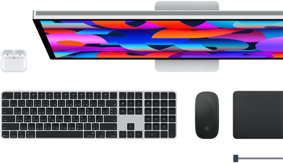 อุปกรณ์เสริมของ Mac ได้แก่ AirPods, Studio Display, Magic Keyboard, Magic Mouse, Magic Trackpad, สายชาร์จ MagSafe สีดำสเปซแบล็ค
