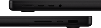 แสดงพอร์ตต่างๆ บน MacBook Pro ซึ่งด้านซ้ายมี MagSafe 3, Thunderbolt จำนวน 2 พอร์ต และช่องต่อหูฟัง ส่วนด้านขวามีช่องเสียบการ์ด SDXC, Thunderbolt จำนวน 1 พอร์ต และ HDMI